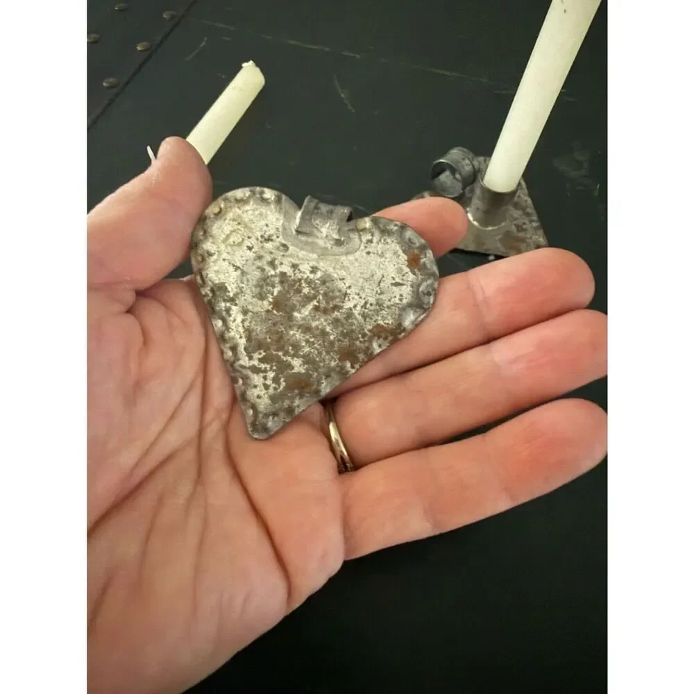 Vintage 2 Mini Crimped Heart Candle Holder Tin Decor Chamberstick Primitive